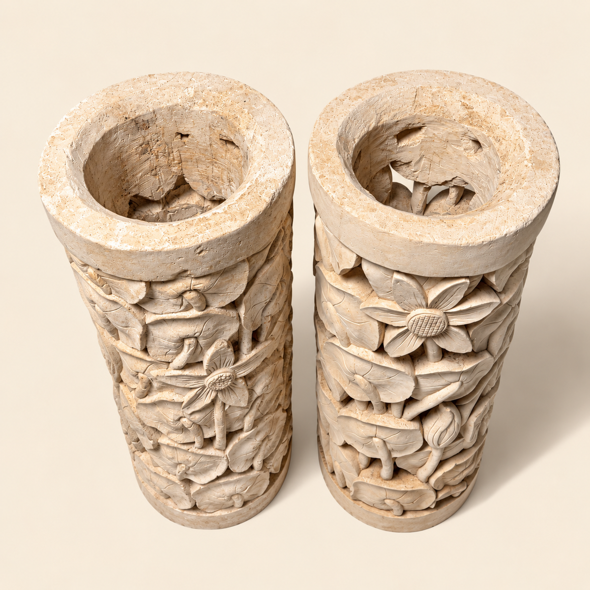 Pair of Sandstone Carved Pillar Planters