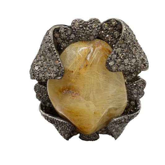 Rutilated Quartz & Diamonds Abstract Ring