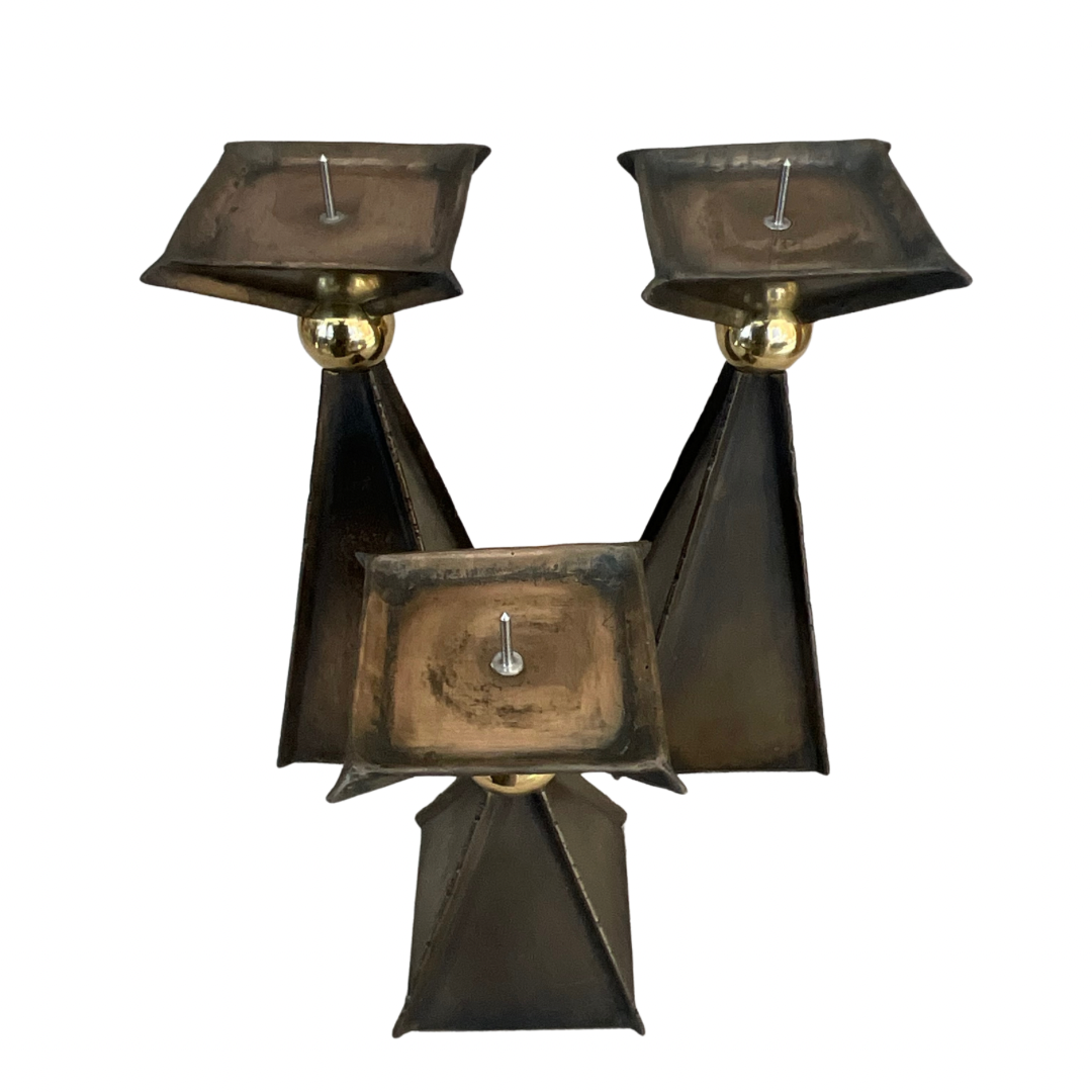 Set of 3 Brass Pyramid Candle Holders w/Brass Ball