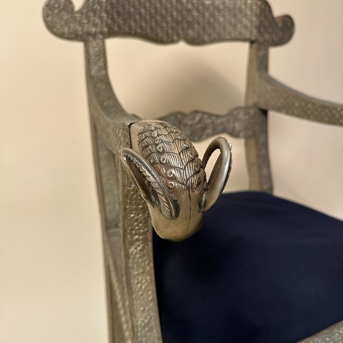 1960s Moroccan Vintage Hammered Metal Over Wood Chair