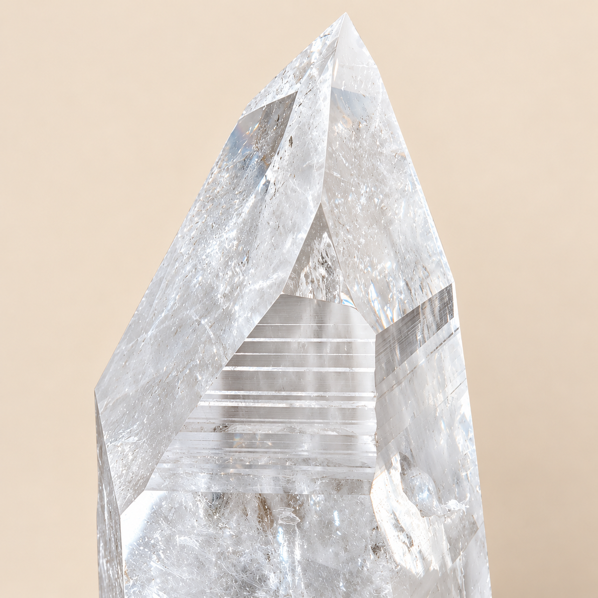 Lemurian Clear Quartz Crystal Point on Metal Spinning Stand