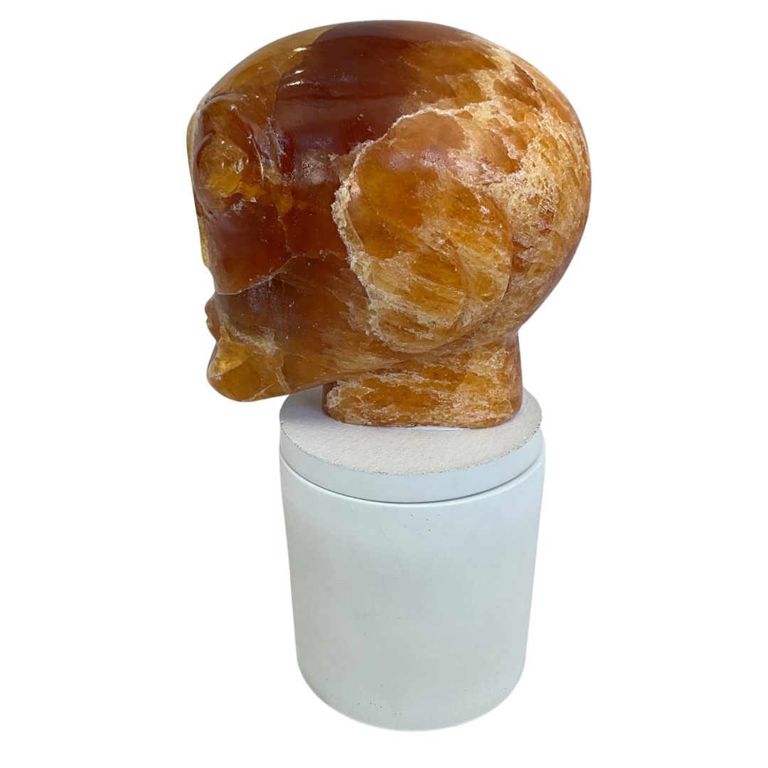 Alien Skull Carved Honey Calcite Lid Gardenia Candle