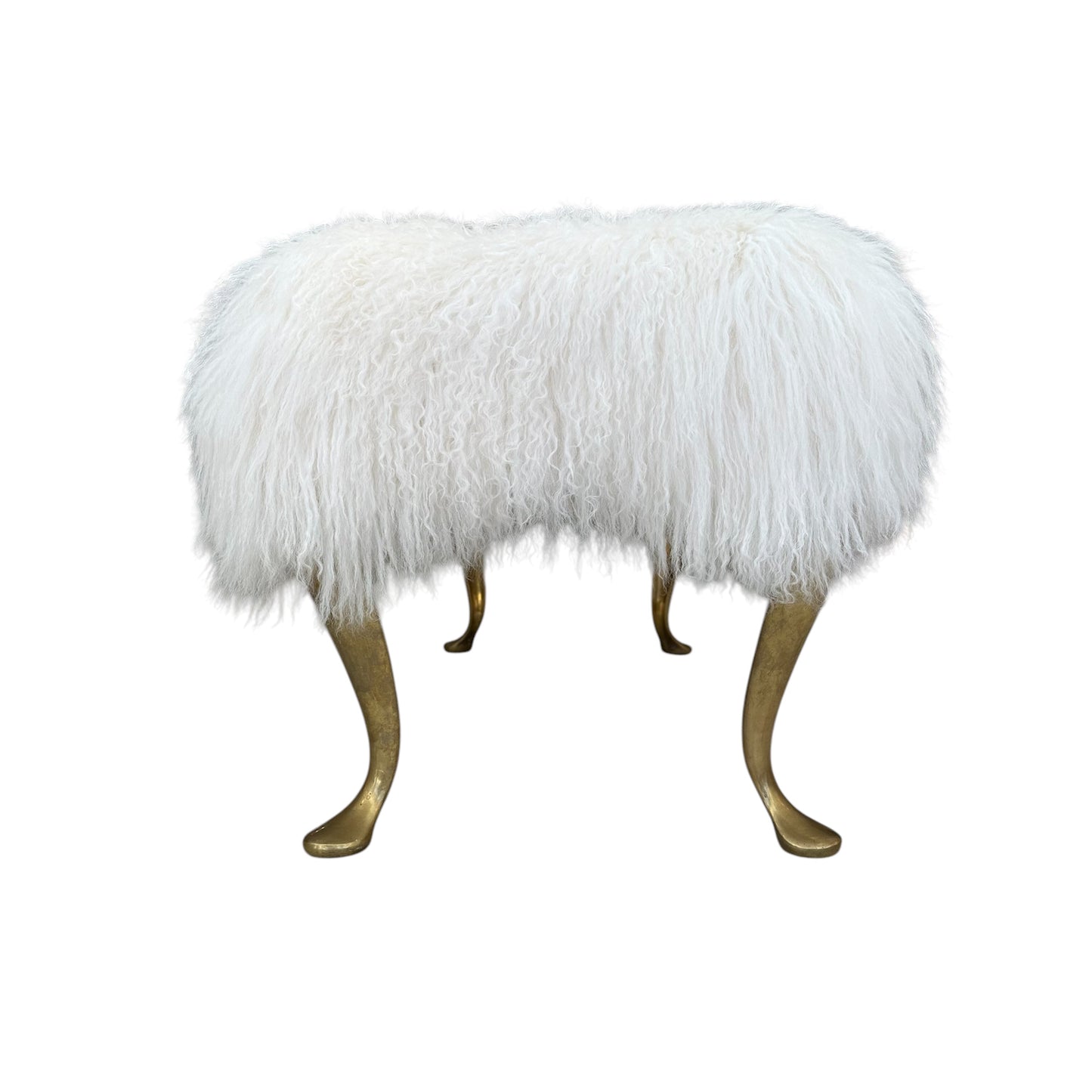 White Mongolian Fur Bench with Brass Legs