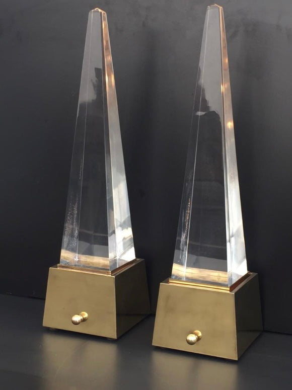 Pair of Brass / Lucite Pyramid Lamps