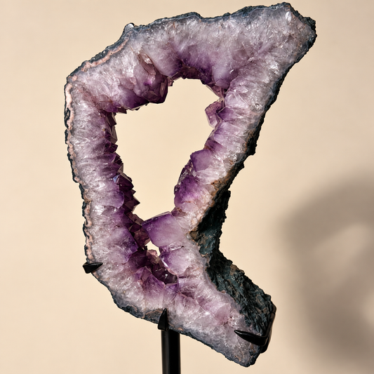 Cut-Out Amethyst Crystal Geode on Metal Stand