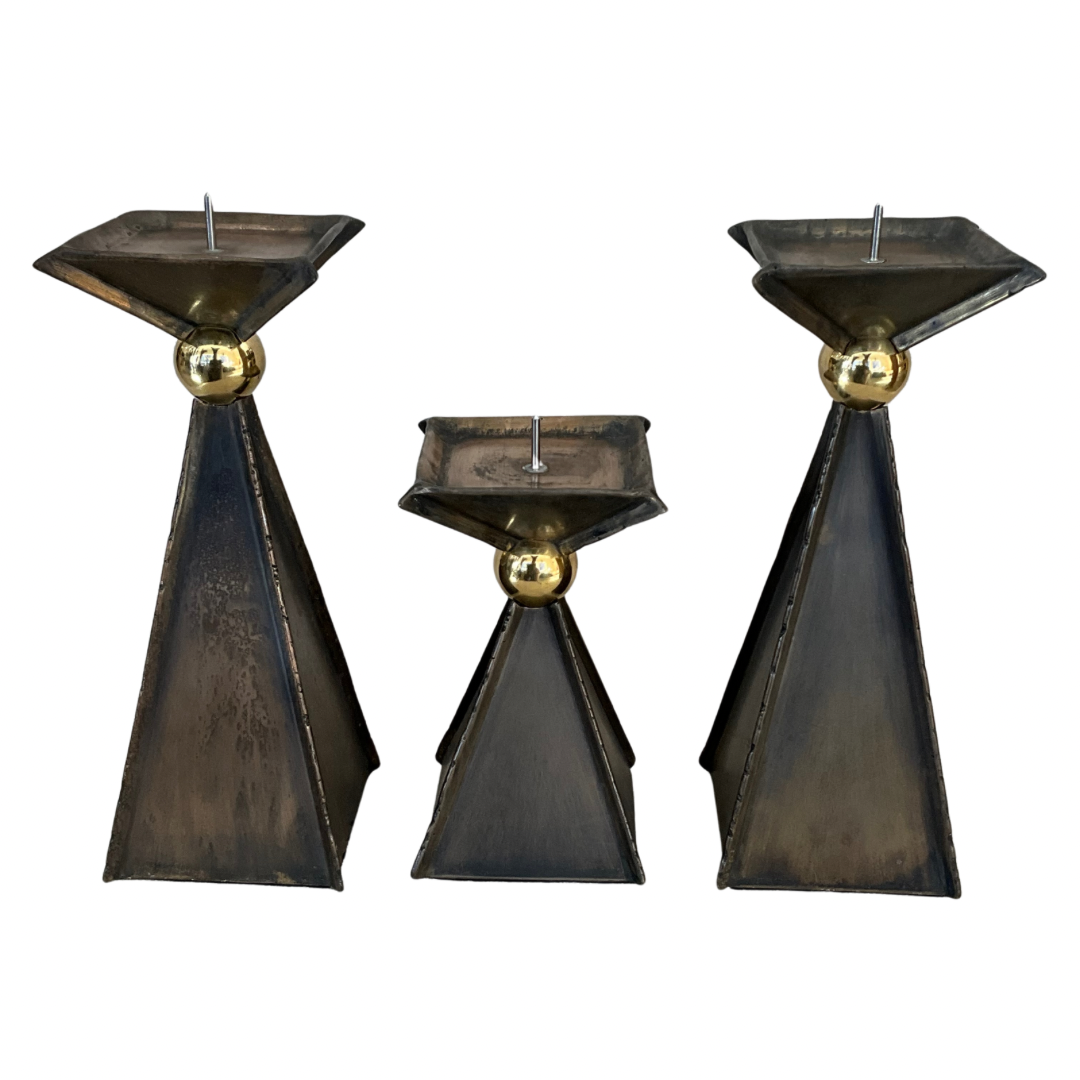 Set of 3 Brass Pyramid Candle Holders w/Brass Ball