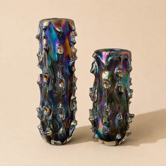 Asymmetrical Pair of Black Iridescent Spike Vases
