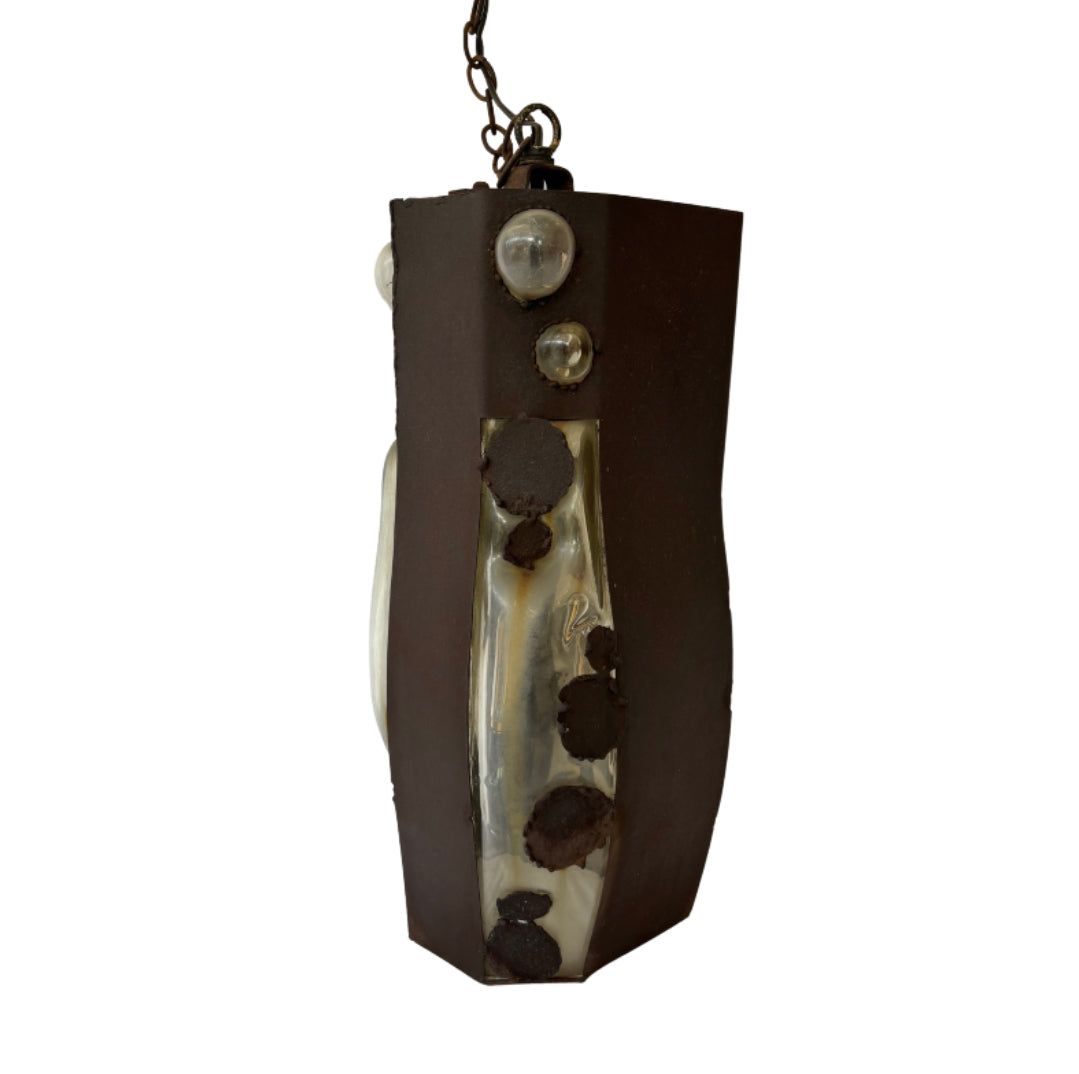 Brutalist Blown Glass & Metal Hanging Pendant Light