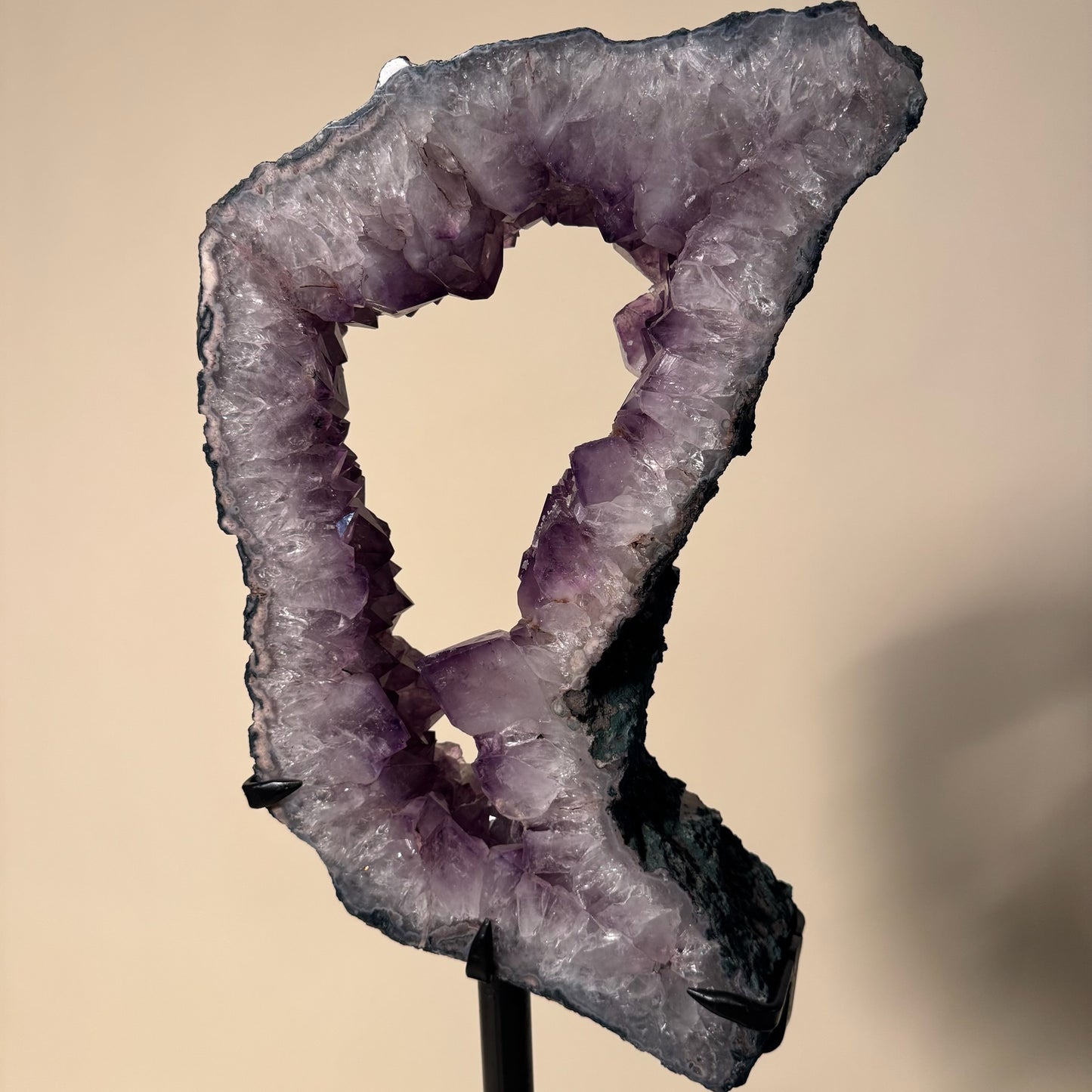 Cut-Out Amethyst Crystal Geode on Metal Stand