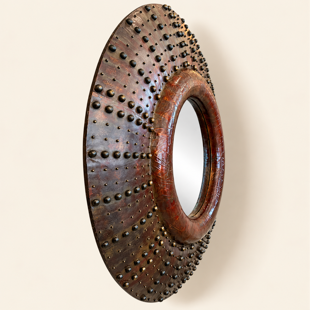 Large Round Brown Leather ‘Sunburst Mirror’, Jacques Adnet