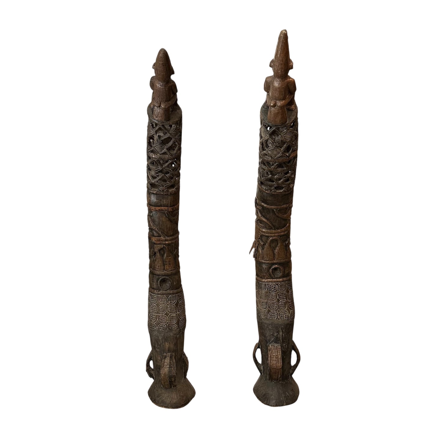 Pair of Carved Wooden and Copper Tusks