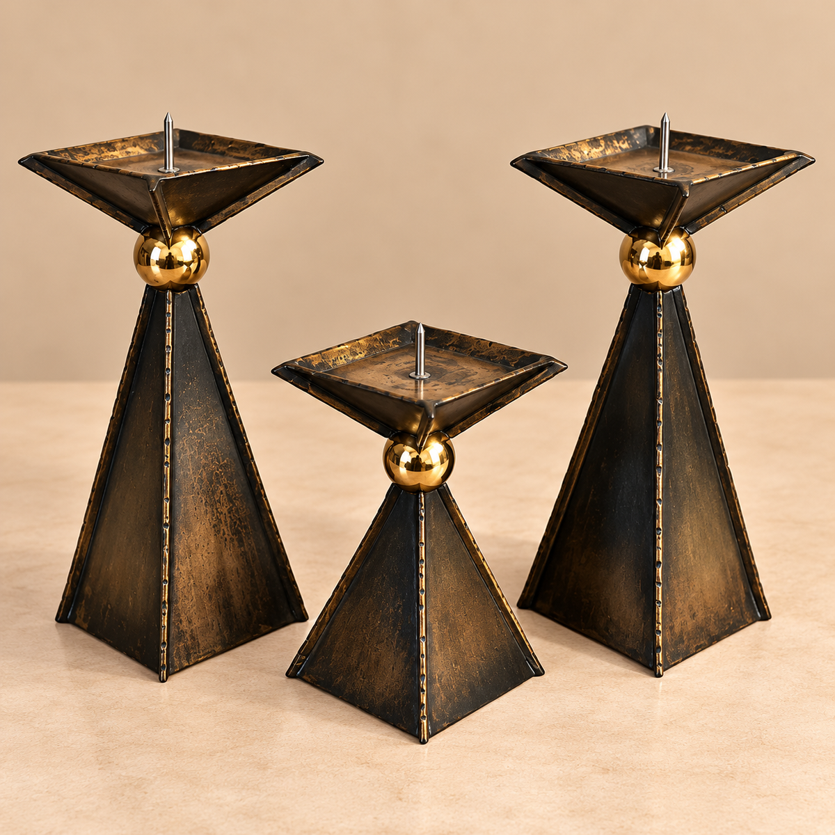Set of 3 Brass Pyramid Candle Holders w/Brass Ball