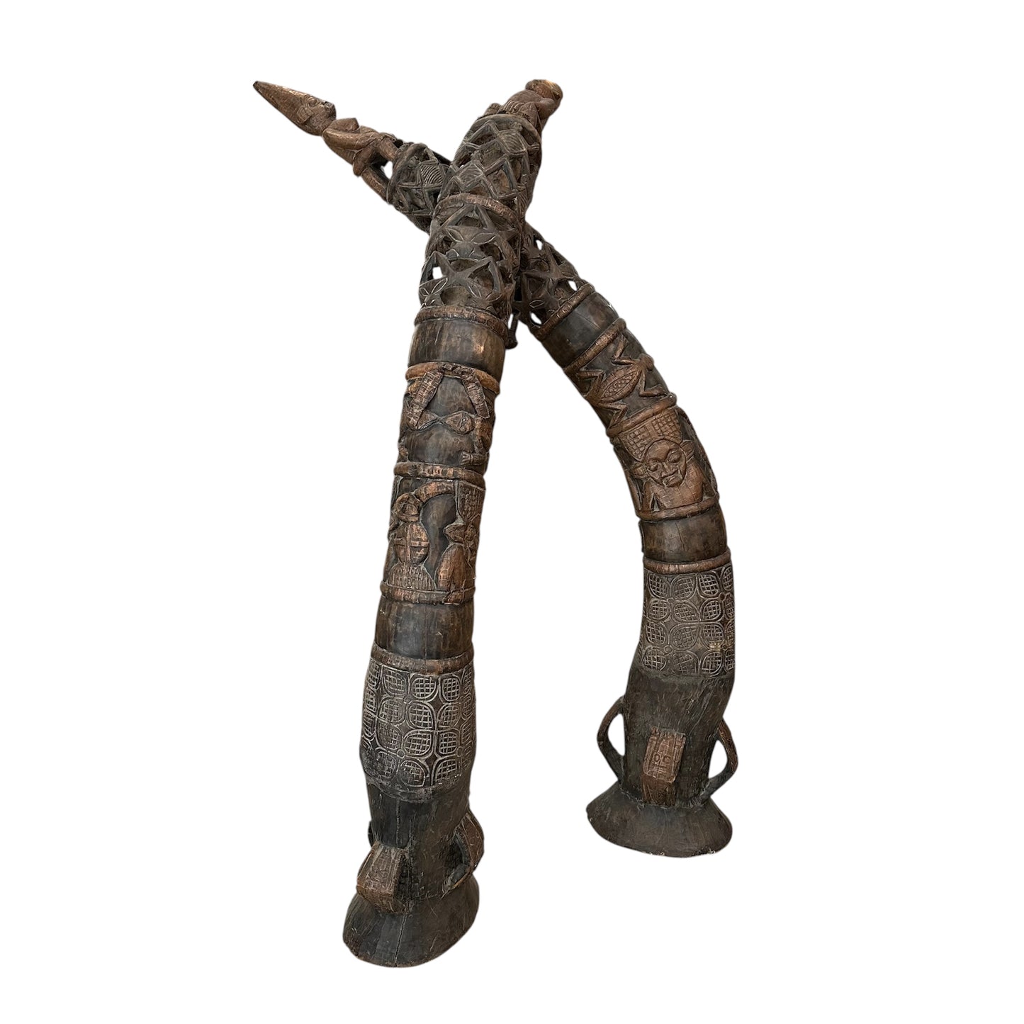 Pair of Carved Wooden and Copper Tusks