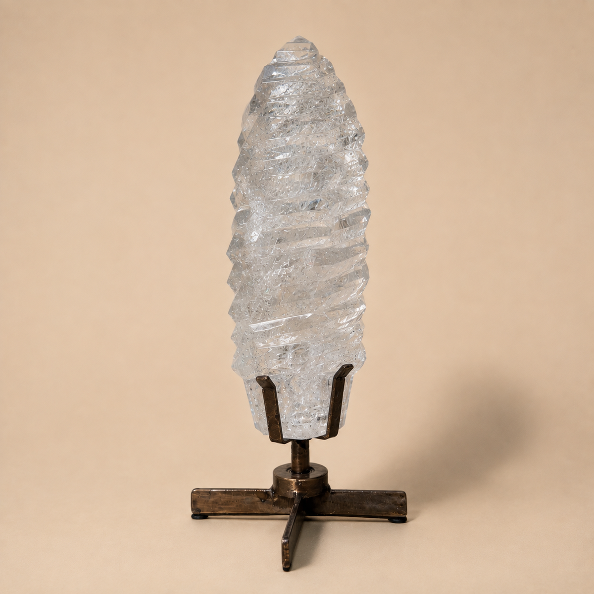 Polished Clear Quartz Crystal w/ grooves on Spinning Stand