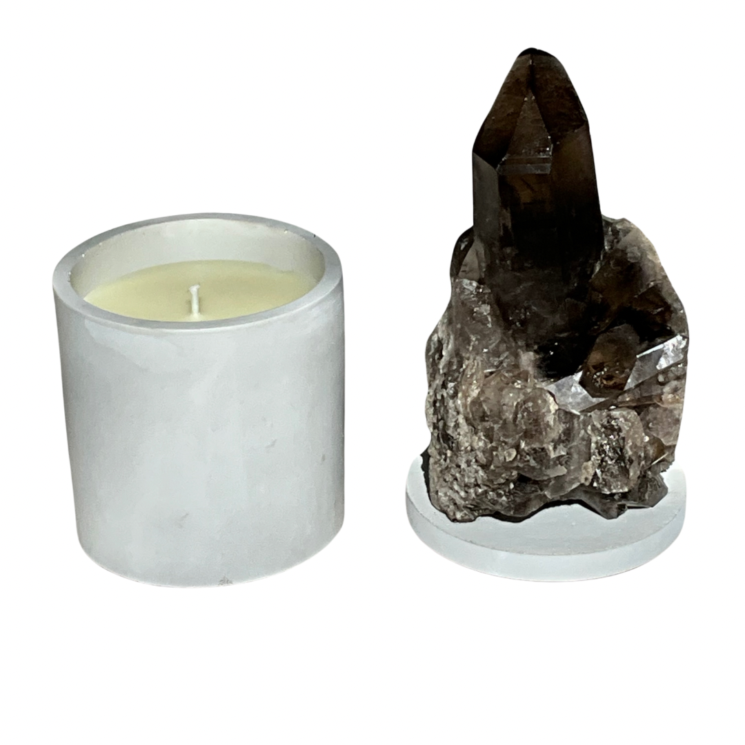 Smoky Quartz Crystal Cluster Lid Gardenia Candle