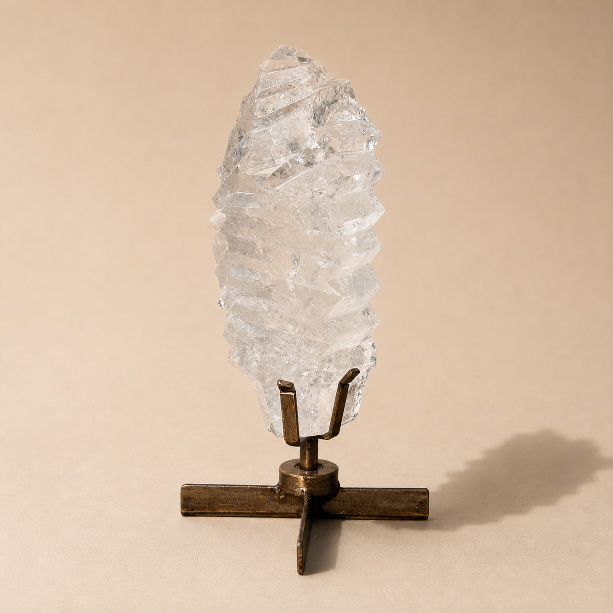 Polished Clear Quartz Crystal w/ grooves on Spinning Stand