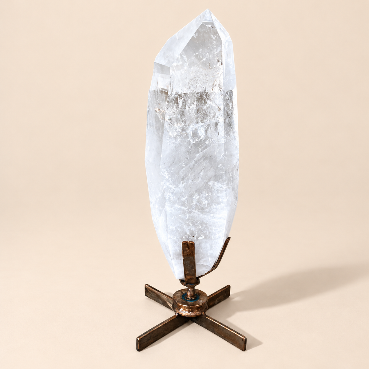 Lemurian Clear Quartz Crystal Point on Metal Spinning Stand