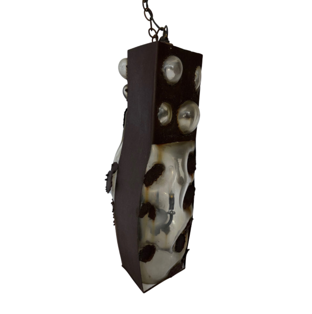 Brutalist Blown Glass & Metal Hanging Pendant Light