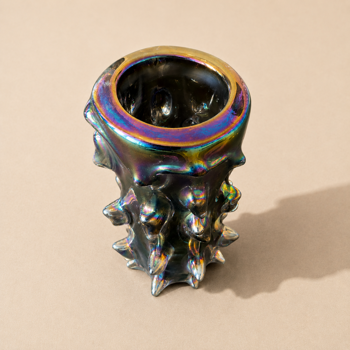 Asymmetrical Pair of Black Iridescent Spike Vases