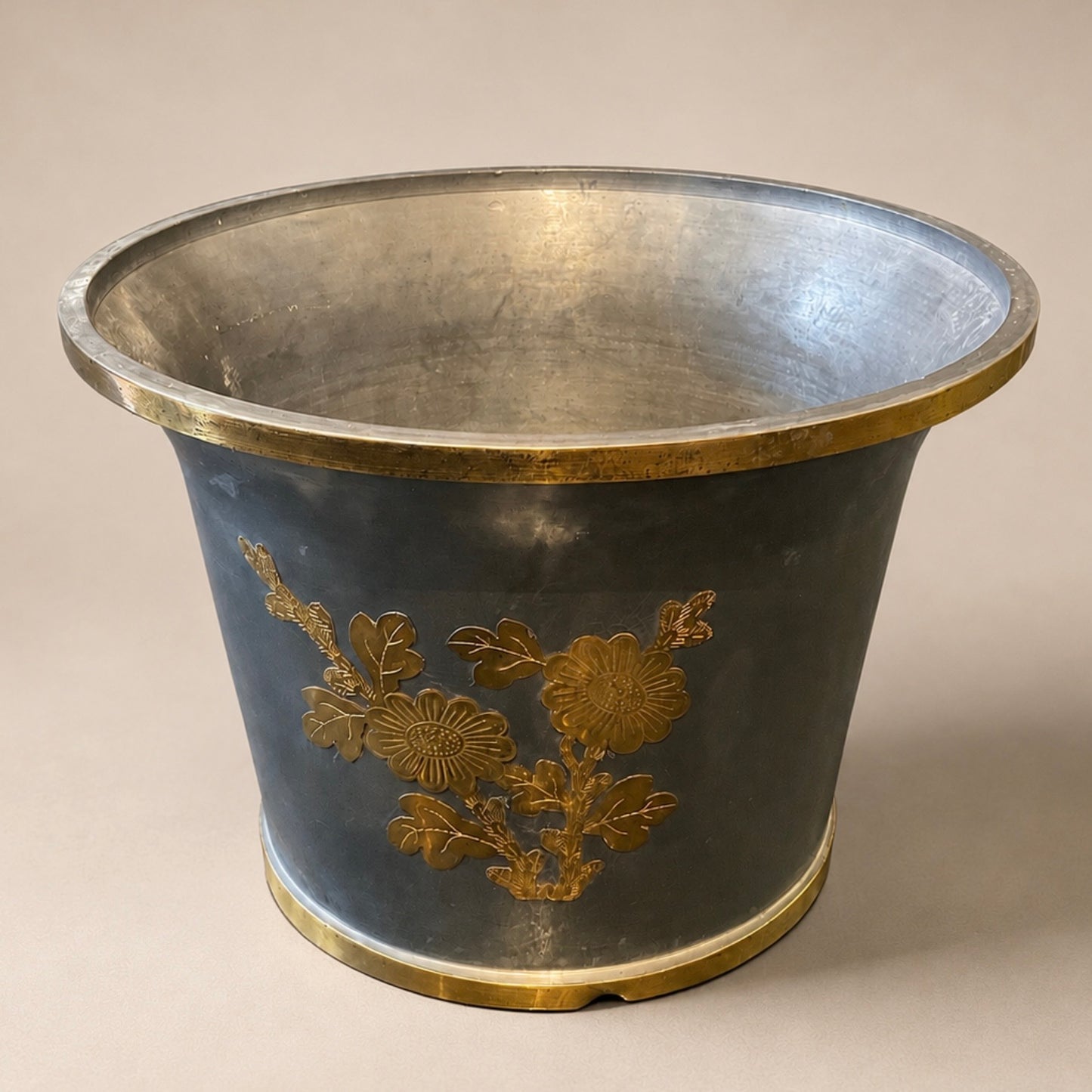 Vintage Metal Display Bowl / Planter with Floral Accents