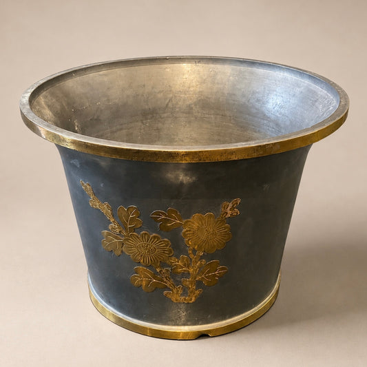 Vintage Metal Display Bowl / Planter with Floral Accents