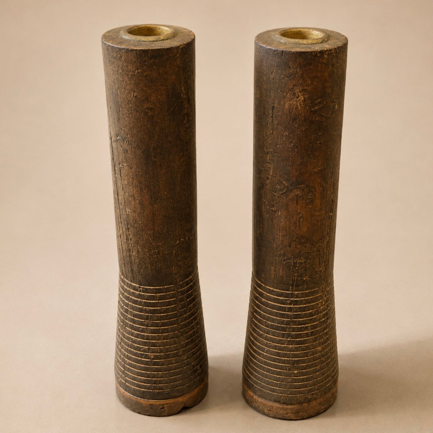 Vintage Rustic Pair of Wood & Metal Candle Holers