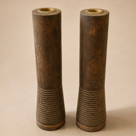 Vintage Rustic Pair of Wood & Metal Candle Holers