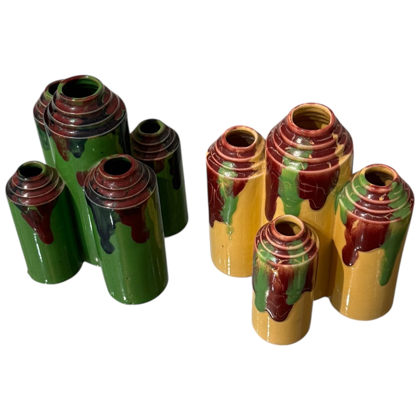 Pair of Art Deco Drip Vases Yellow and Green Bases with Multi Colors