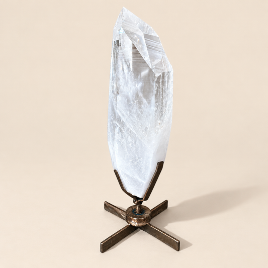 Lemurian Clear Quartz Crystal Point on Metal Spinning Stand