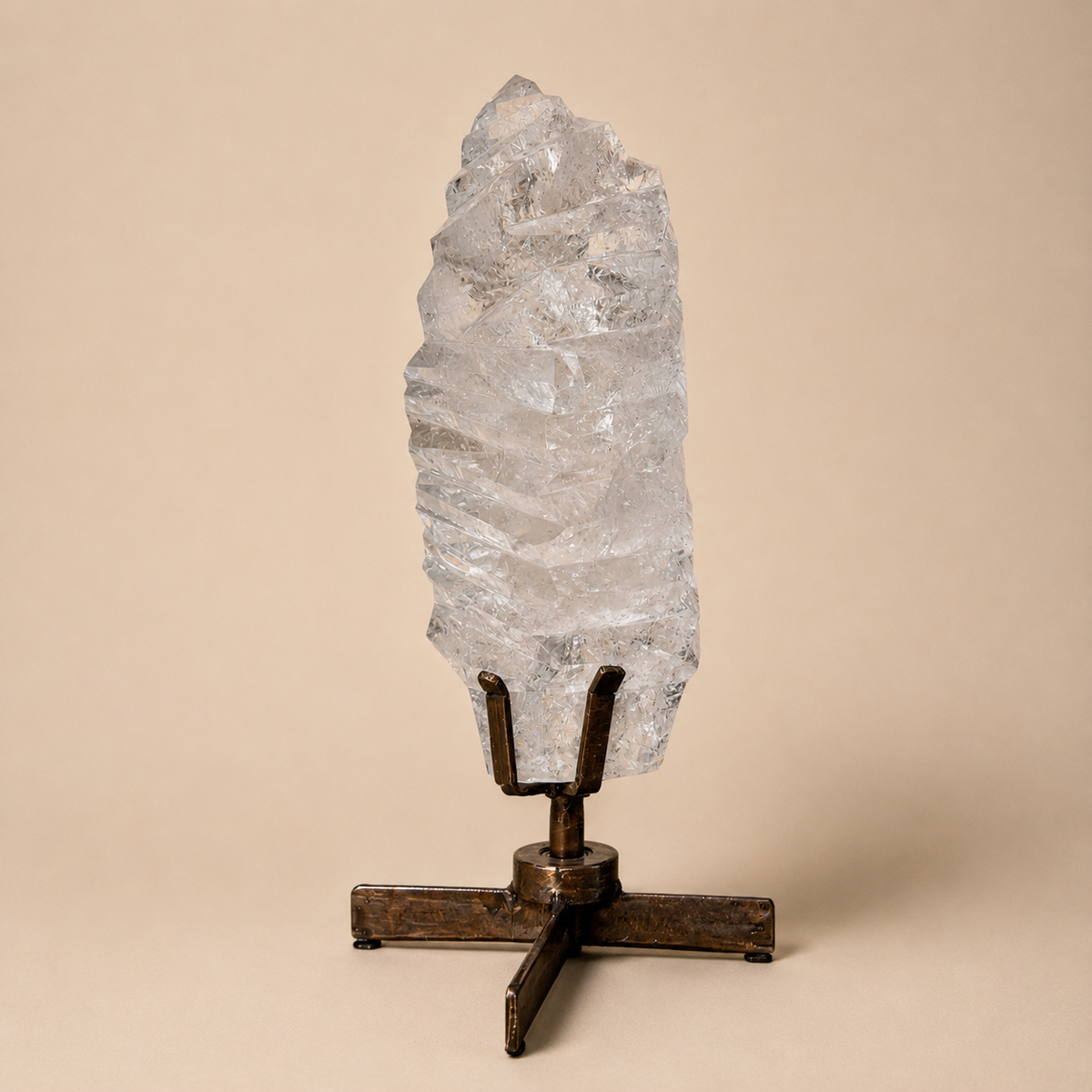 Polished Clear Quartz Crystal w/ grooves on Spinning Stand