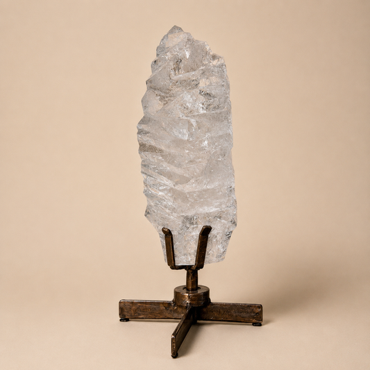 Polished Clear Quartz Crystal w/ grooves on Spinning Stand