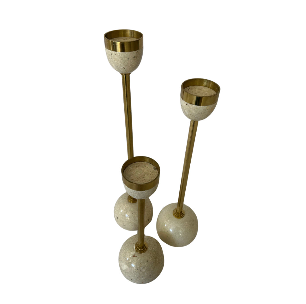 Set of 3 Brass & Travertine Candlesticks