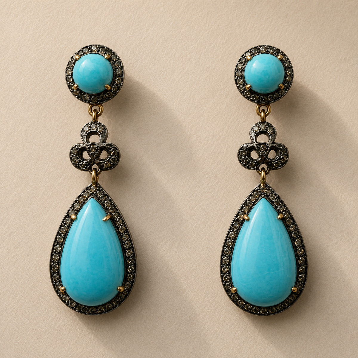 Cabochon Circle & Tear Drop Turquoise Earrings with Diamonds