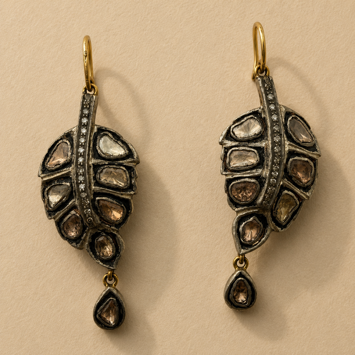 Raw Cut Diamonds Abstract Feather Shape Earrings