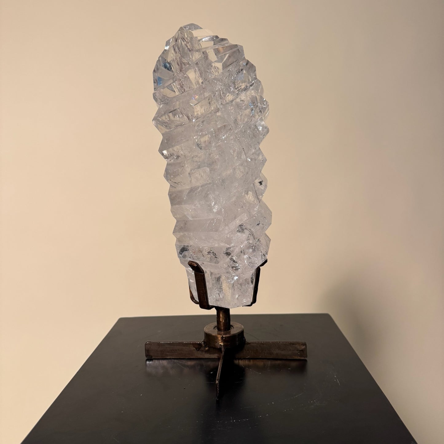 Polished Clear Quartz Crystal w/ grooves on Spinning Stand