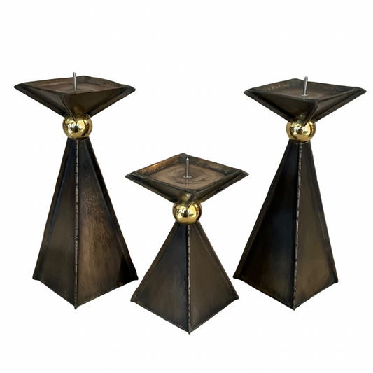 Set of 3 Brass Pyramid Candle Holders w/Brass Ball