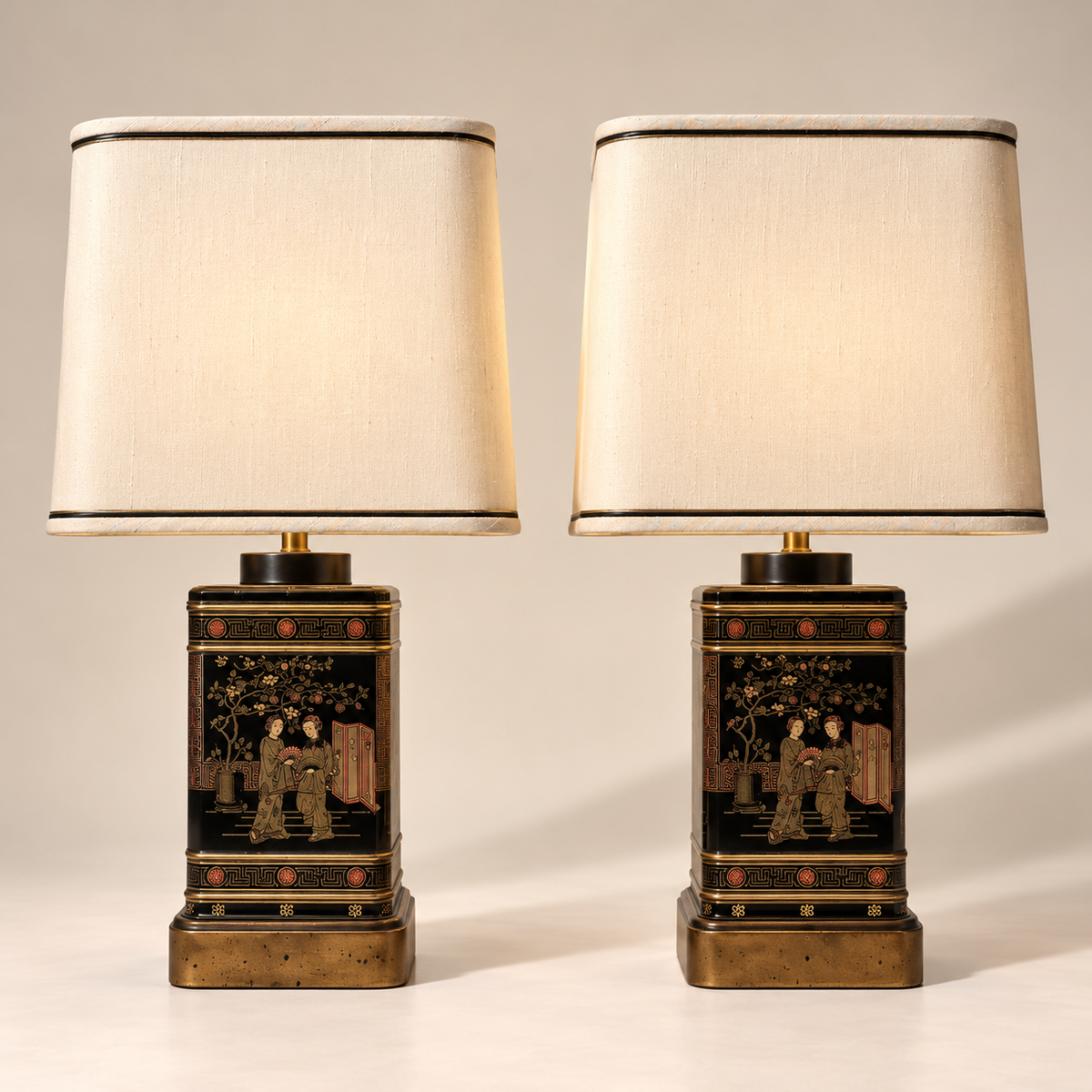 Asian Motif Pair of Frederick Cooper Metal Table Lamps