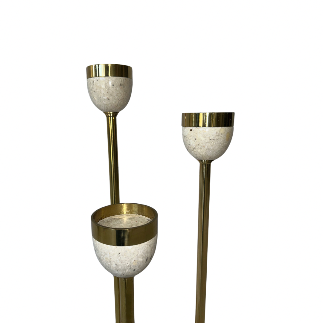 Set of 3 Brass & Travertine Candlesticks