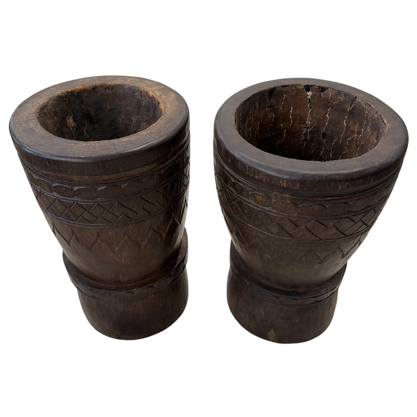 Pair of Solid Palmwood Asymmetrical Vintage Planters