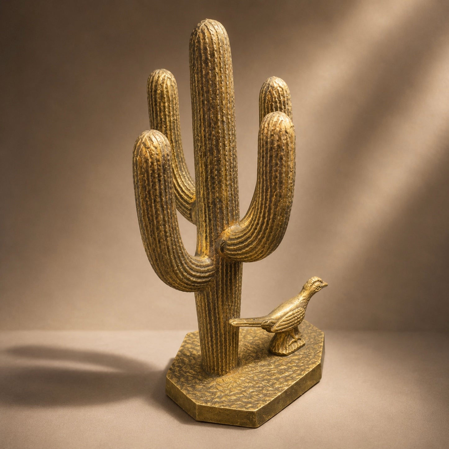 Vintage Brass Saguaro Cactus Sculpture with Road Runner