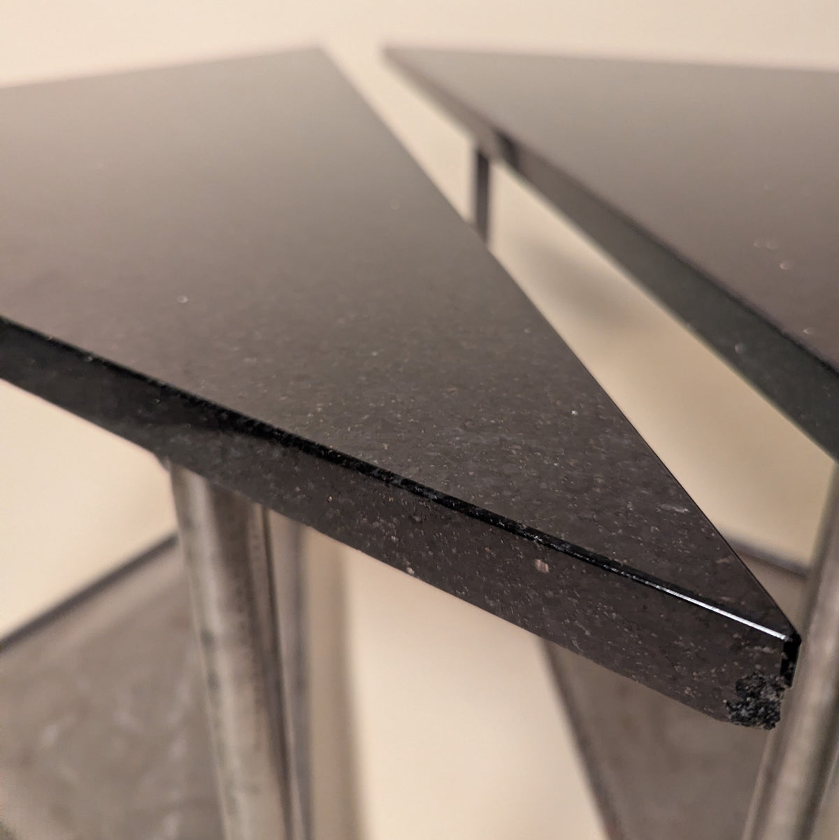 Pair of Triangular Brushed Steel & Marble Tables by Rich Martin