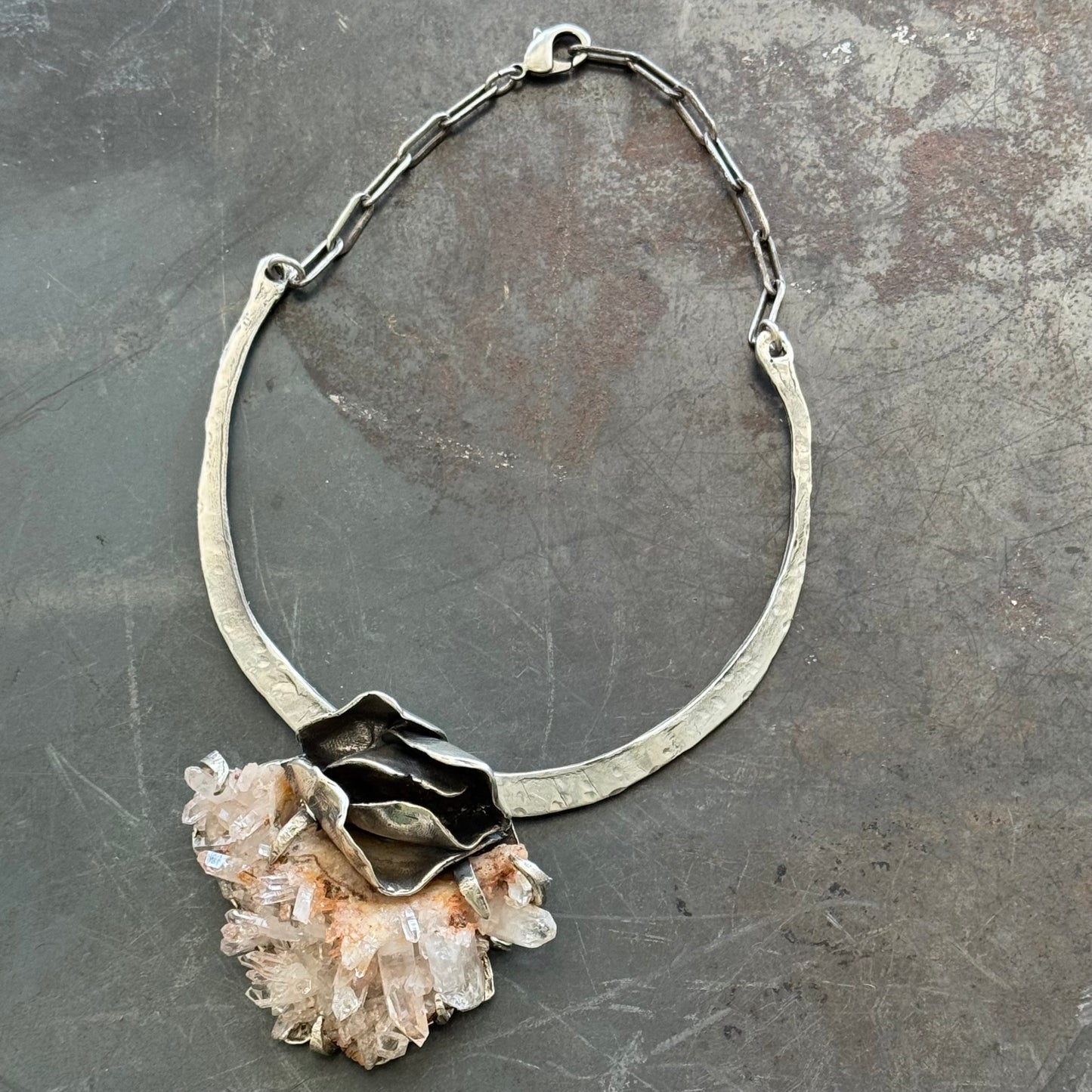 Hammered Silver Pink Quartz Crystal Generator Rose Bud Antique Sterling Silver Choker