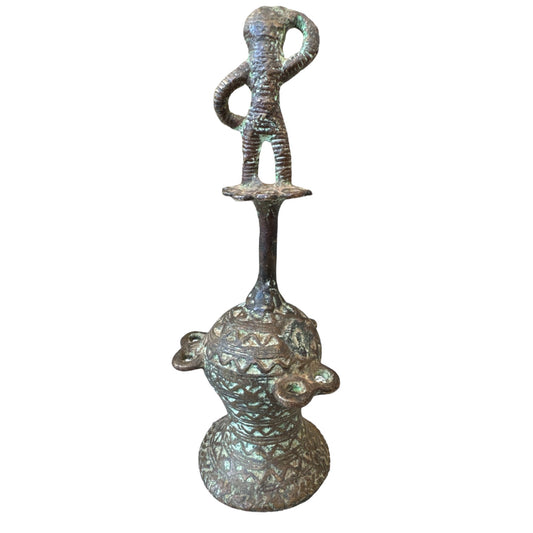 Benin Bronze Bell Man w/ Hand on Stomach & Hand on Head