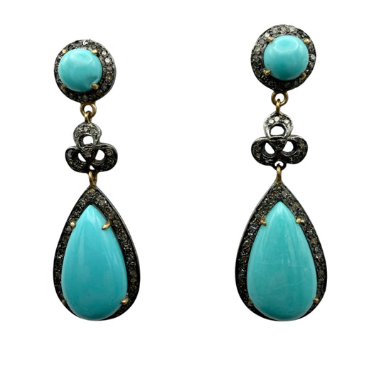 Cabochon Circle & Tear Drop Turquoise Earrings with Diamonds