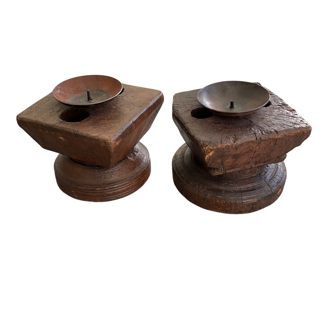 Pair of Rustic Wood & Metal Candle Holders