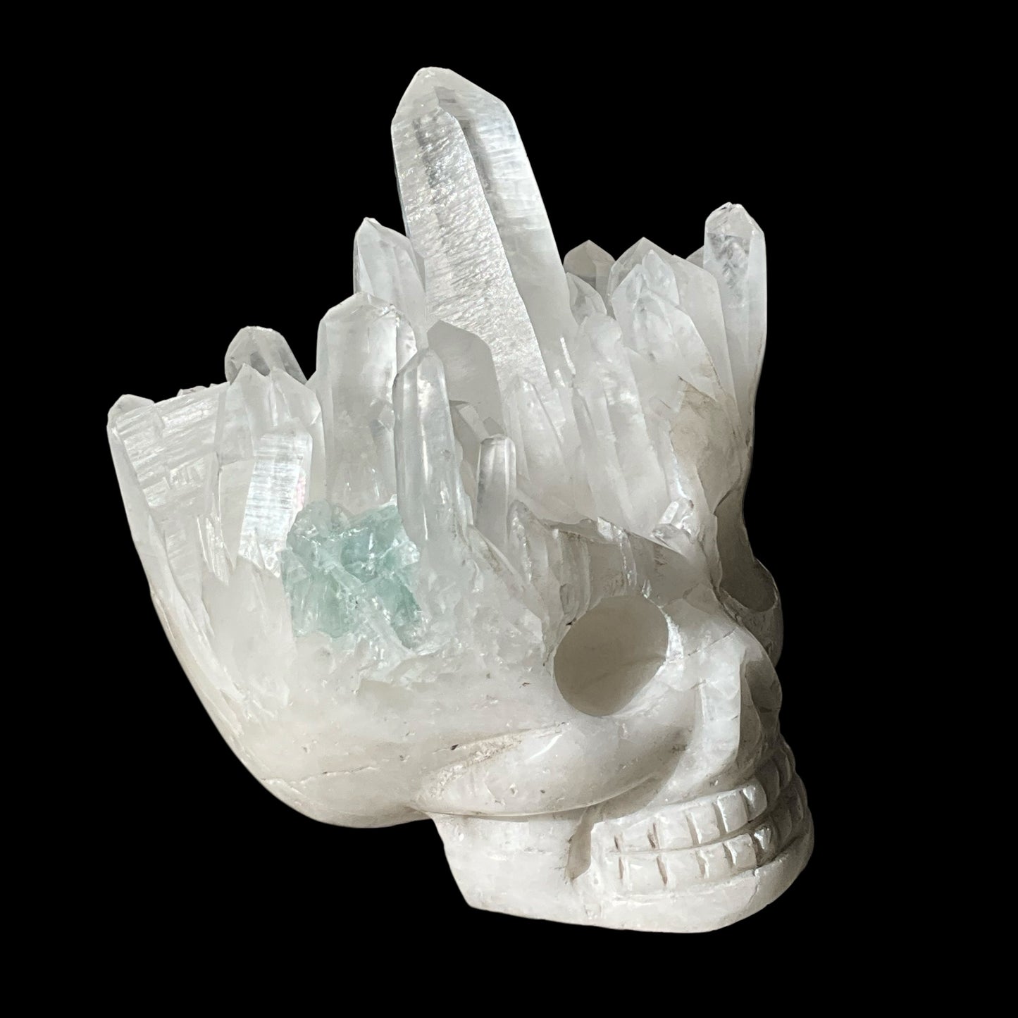 Quartz Crystal Carved Skull with Aqua Inclusion