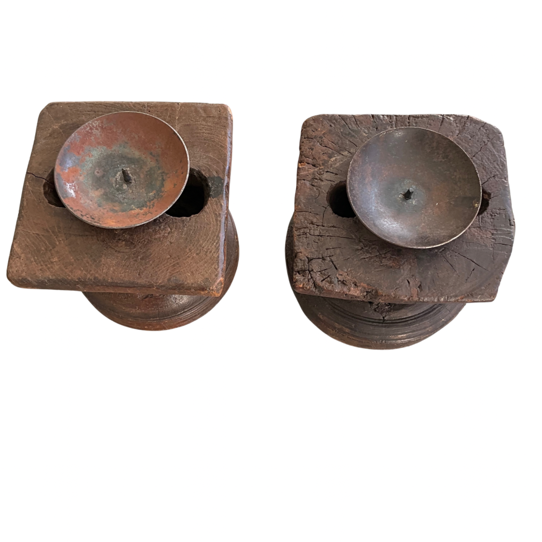 Pair of Rustic Wood & Metal Candle Holders