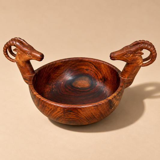 Carved Wood Display Bowl with 2 Ram Heads Accent