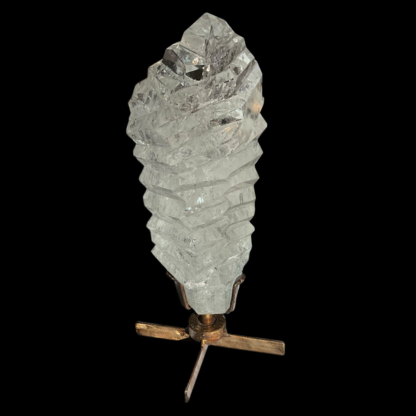 Polished Clear Quartz Crystal w/ grooves on Spinning Stand