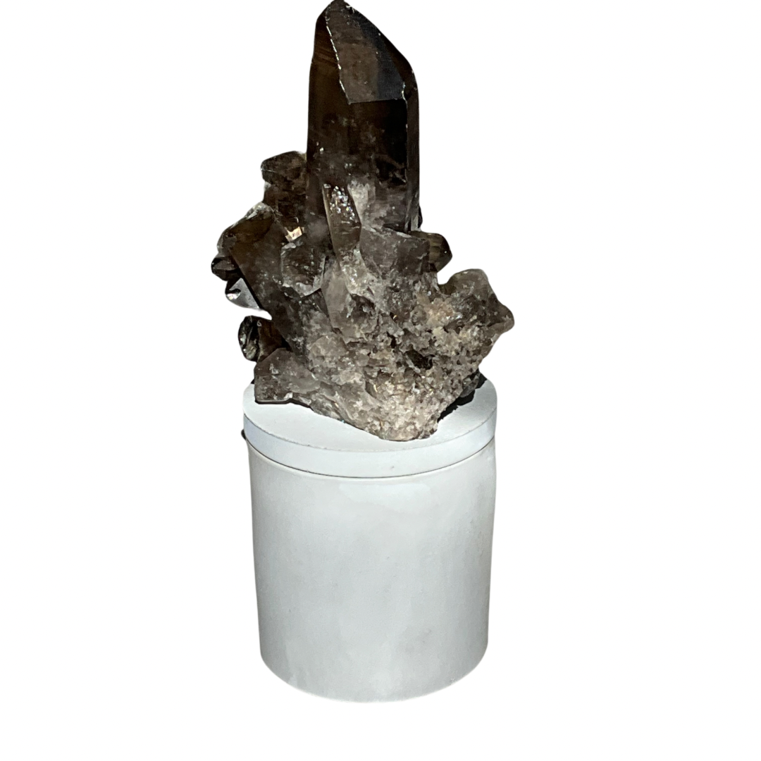 Smoky Quartz Crystal Cluster Lid Gardenia Candle